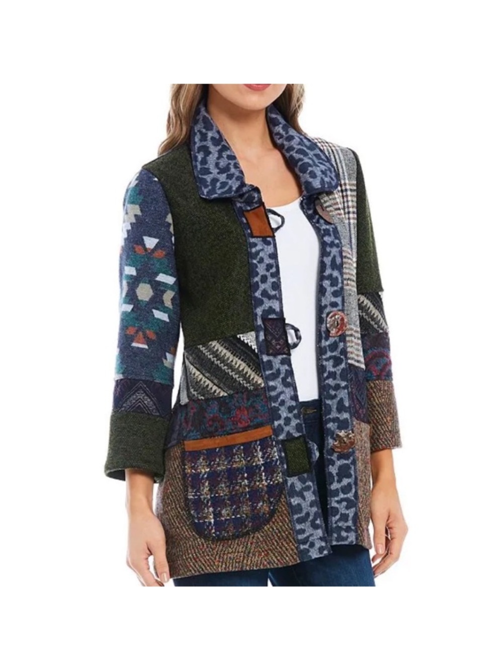 Ali Miles Wool Blend Mixed Media Patchwork Statement Jacket Size 3X 3/4 Sleeve